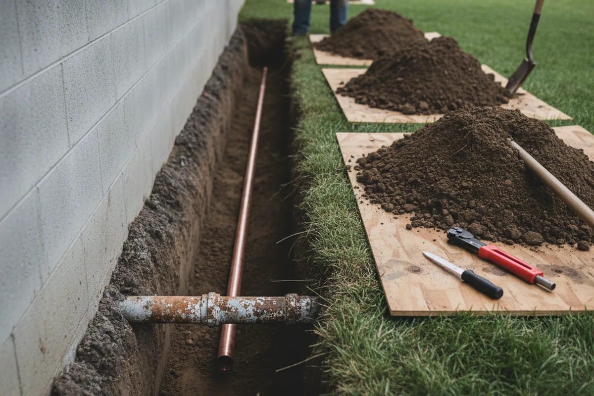 Excavated water line trench during Water Softener Installation in Benham